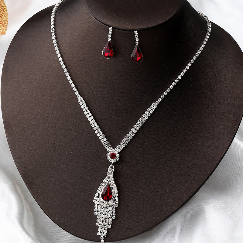 Temperament Full Diamond Gemstone Earring Necklace Two-piece Set