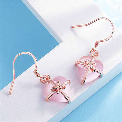 Creative Heart Pink Rose Silver Jewelry Earrings