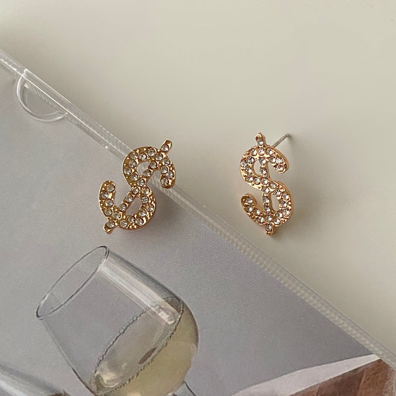 Creative Alloy Dollar Sign Design Stud Earrings for Women Girls Lady Party Gift Gold Rhinestone Jewelry