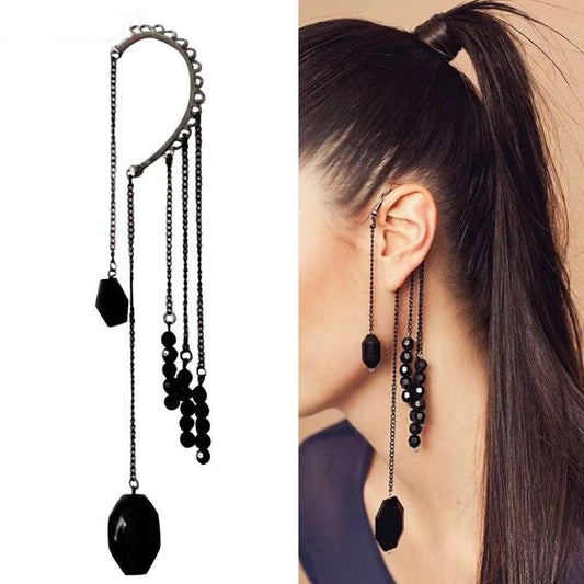 Retro Exaggerated Black Gemstone Beaded Earrings Without Pierced Earrings