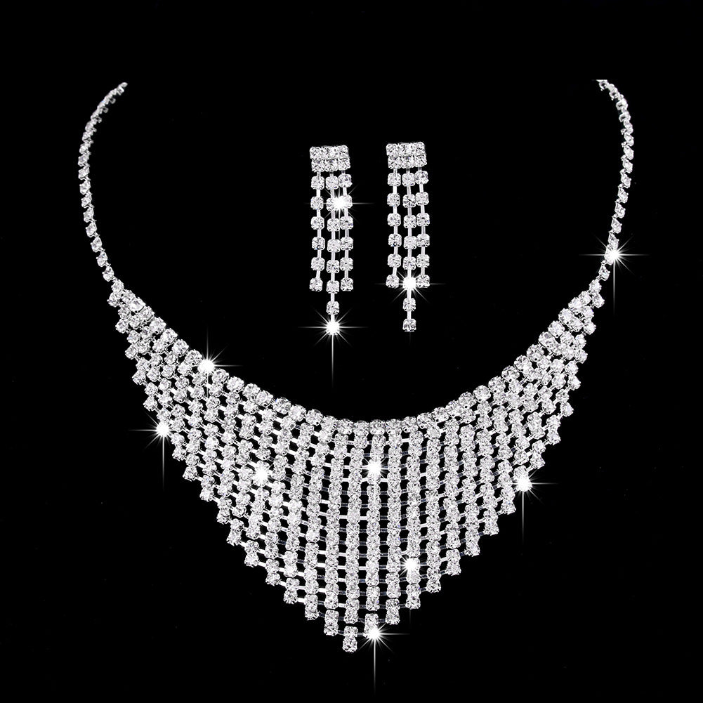 Full Rhinestone Zircon Water Drop Necklace Earrings Jewelry Set