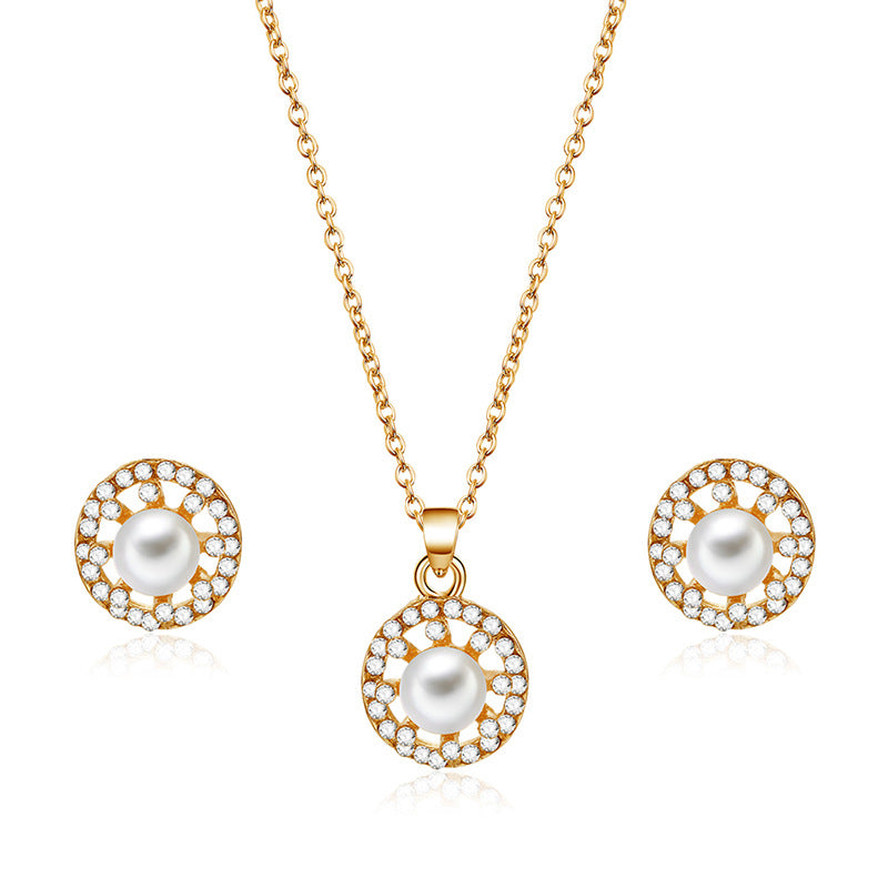 Fashion Simple Alloy Inlaid Pearl Necklace And Earrings Two-piece Set