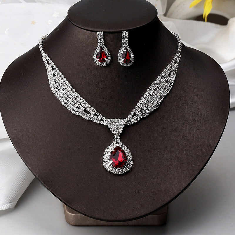 Temperament Full Diamond Gemstone Earring Necklace Two-piece Set