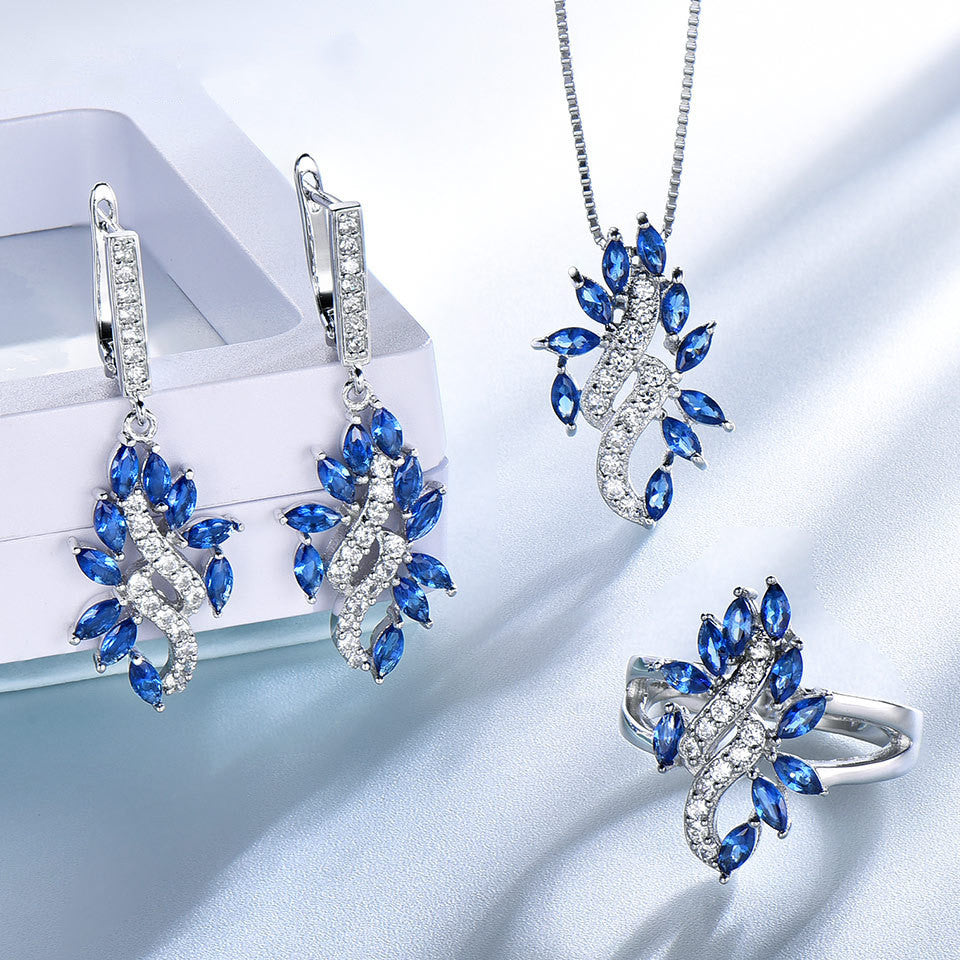 Sapphire Leaf Set With Diamond Pendant Earrings Ring 3 Piece Set