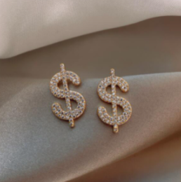 Creative Alloy Dollar Sign Design Stud Earrings for Women Girls Lady Party Gift Gold Rhinestone Jewelry