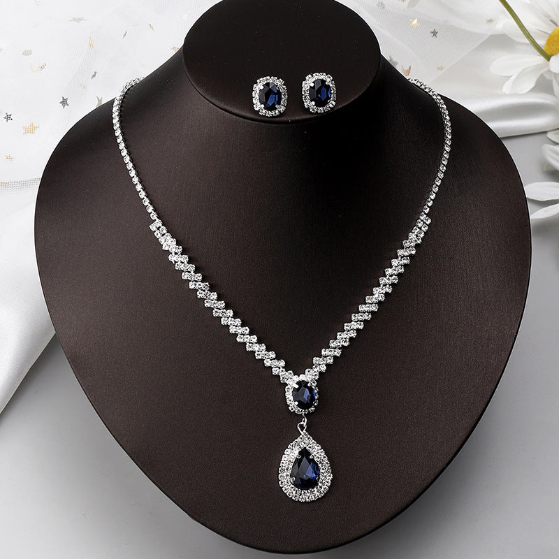 Temperament Full Diamond Gemstone Earring Necklace Two-piece Set