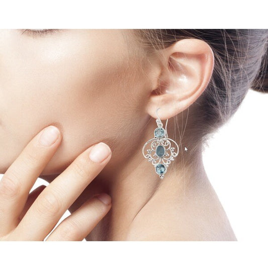 Women's Vintage Thai Silver Blue Three Diamond Earrings