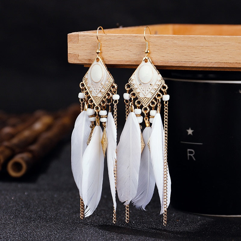 Ethnic Feather Dangle Earrings Women Jewelry Bohemian Summer Metal Long Tassel Ladies Earrings Indian Jewelry