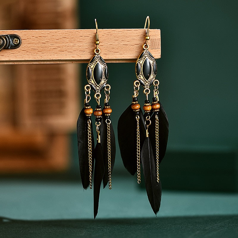 Ethnic Feather Dangle Earrings Women Jewelry Bohemian Summer Metal Long Tassel Ladies Earrings Indian Jewelry