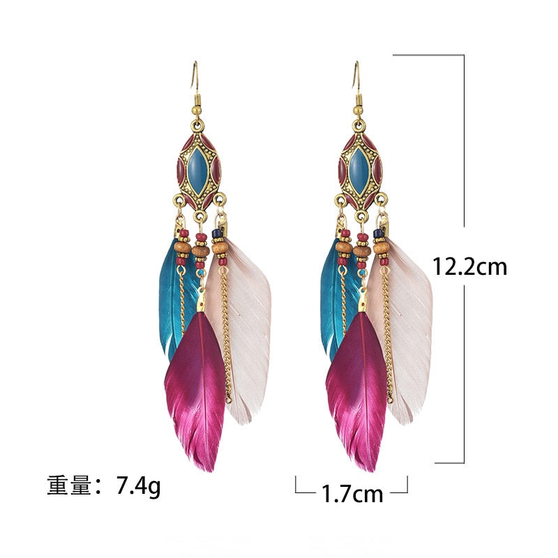 Ethnic Feather Dangle Earrings Women Jewelry Bohemian Summer Metal Long Tassel Ladies Earrings Indian Jewelry