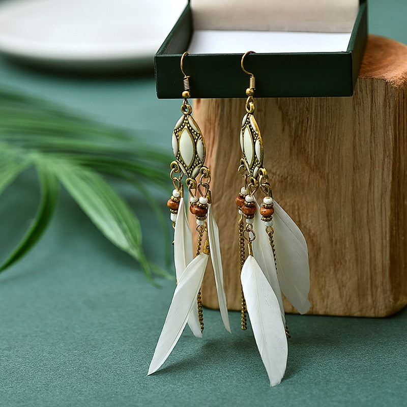 Ethnic Feather Dangle Earrings Women Jewelry Bohemian Summer Metal Long Tassel Ladies Earrings Indian Jewelry