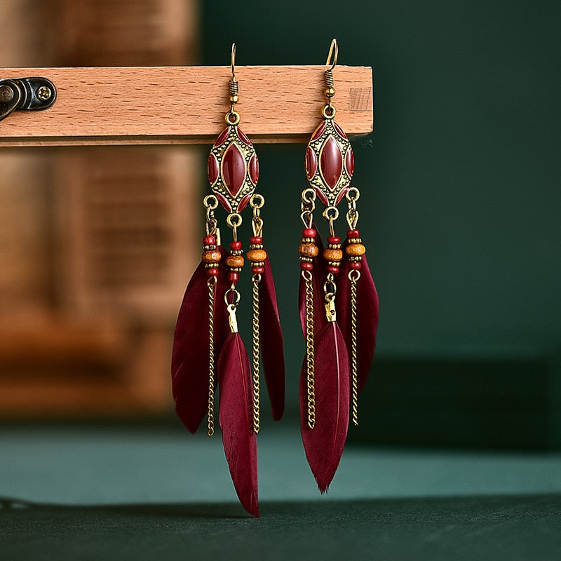 Ethnic Feather Dangle Earrings Women Jewelry Bohemian Summer Metal Long Tassel Ladies Earrings Indian Jewelry