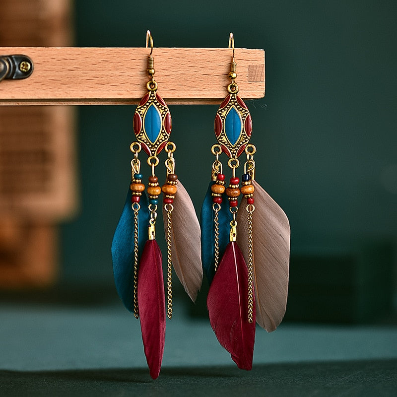 Ethnic Feather Dangle Earrings Women Jewelry Bohemian Summer Metal Long Tassel Ladies Earrings Indian Jewelry