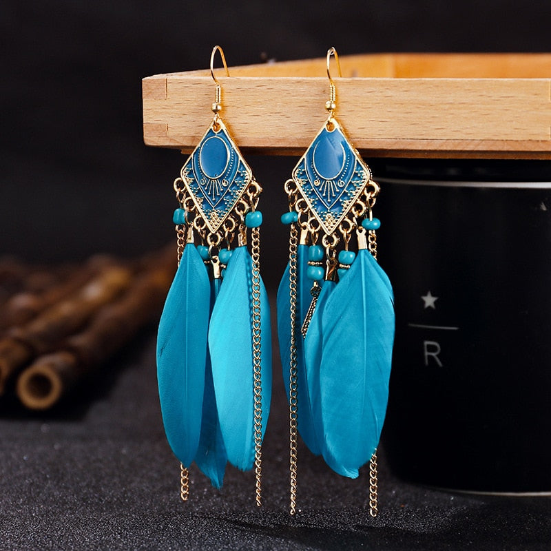 Ethnic Feather Dangle Earrings Women Jewelry Bohemian Summer Metal Long Tassel Ladies Earrings Indian Jewelry