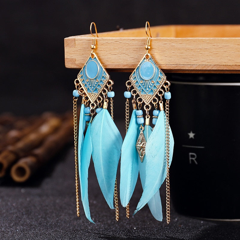 Ethnic Feather Dangle Earrings Women Jewelry Bohemian Summer Metal Long Tassel Ladies Earrings Indian Jewelry