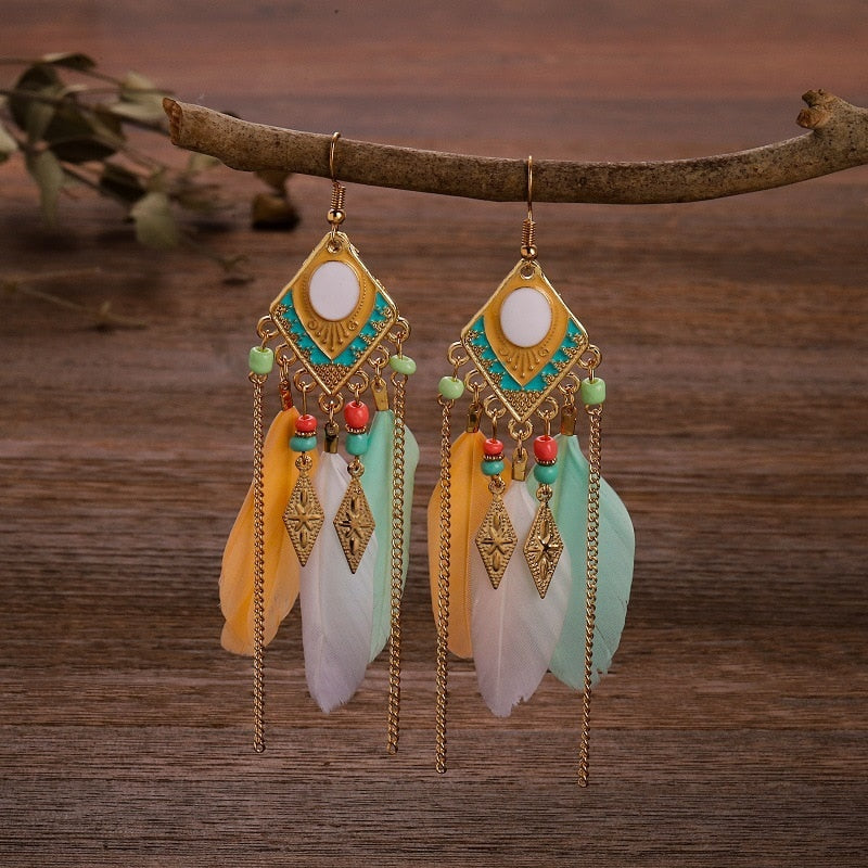 Ethnic Feather Dangle Earrings Women Jewelry Bohemian Summer Metal Long Tassel Ladies Earrings Indian Jewelry