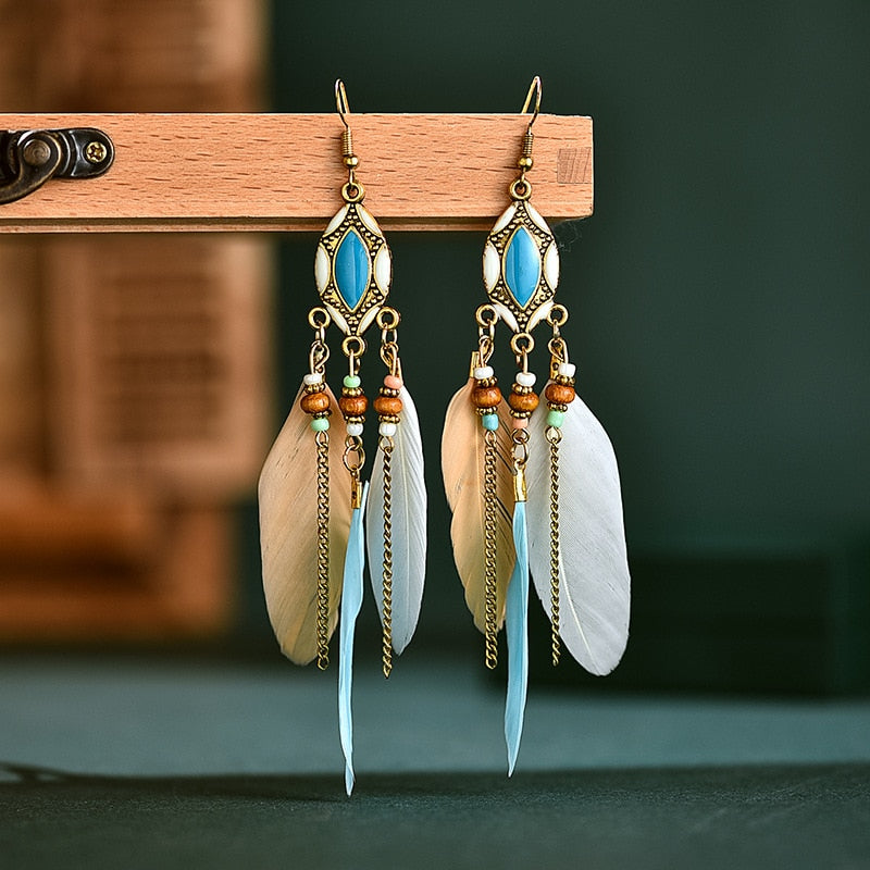 Ethnic Feather Dangle Earrings Women Jewelry Bohemian Summer Metal Long Tassel Ladies Earrings Indian Jewelry