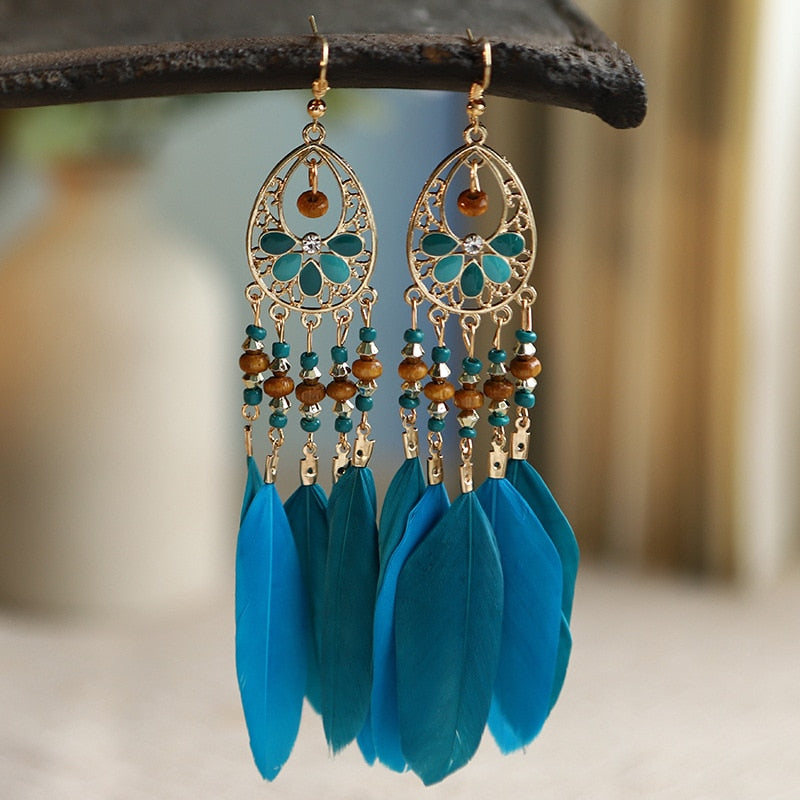 Ethnic Feather Dangle Earrings Women Jewelry Bohemian Summer Metal Long Tassel Ladies Earrings Indian Jewelry