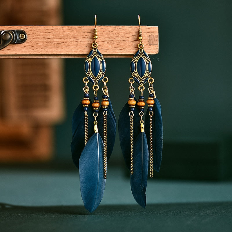 Ethnic Feather Dangle Earrings Women Jewelry Bohemian Summer Metal Long Tassel Ladies Earrings Indian Jewelry