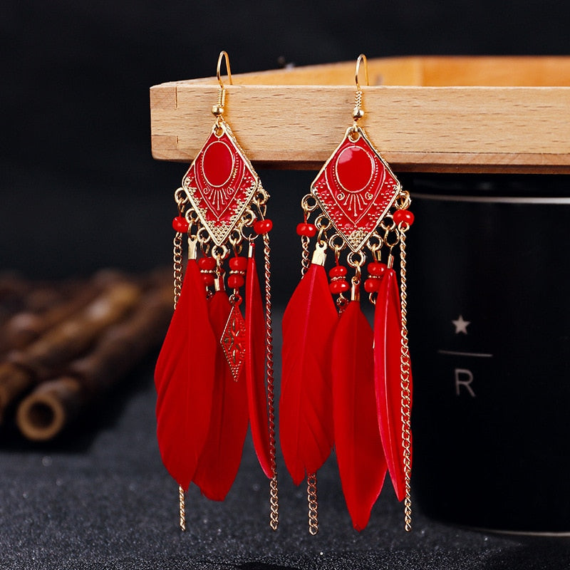 Ethnic Feather Dangle Earrings Women Jewelry Bohemian Summer Metal Long Tassel Ladies Earrings Indian Jewelry