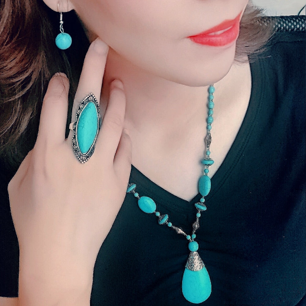 Yumfeel New Turquoise Bracelet Jewelry Set Vintage Silver Plated Necklace Bracelet Earring Ring Jewelry Sets Women