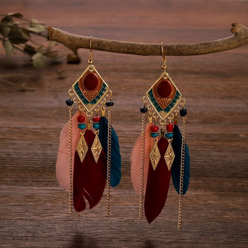 Ethnic Feather Dangle Earrings Women Jewelry Bohemian Summer Metal Long Tassel Ladies Earrings Indian Jewelry