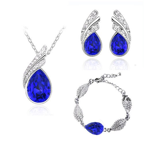 Wholesales bridal Jewelry set  Austrian Crystal fashion leaf tear feather Water drop pendant necklace earrings jewelry sets