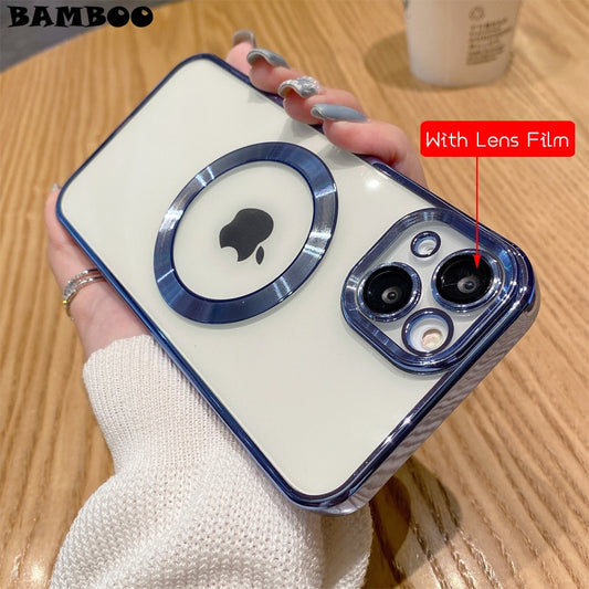 Luxury Plating With Lens Flim Clear Soft Phone Case for iPhone 14 Plus 13 12 Mini 11 Pro Max Magsafe Magnetic Wireless Charging