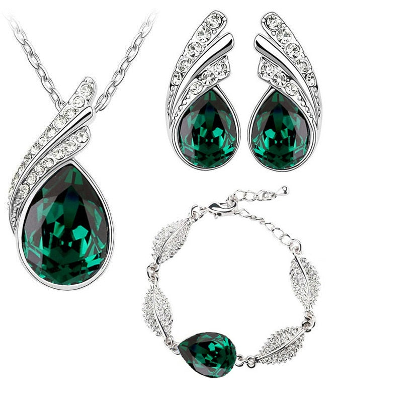 Wholesales bridal Jewelry set  Austrian Crystal fashion leaf tear feather Water drop pendant necklace earrings jewelry sets