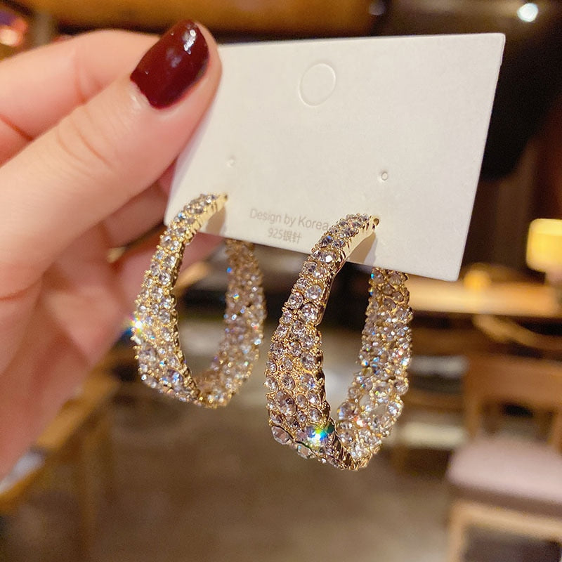 New Three-dimensional Full Rhinestone Golden Earrings Women&#39;s Luxury Personality Fashion Earrings Wedding Jewelry Birthday Gifts