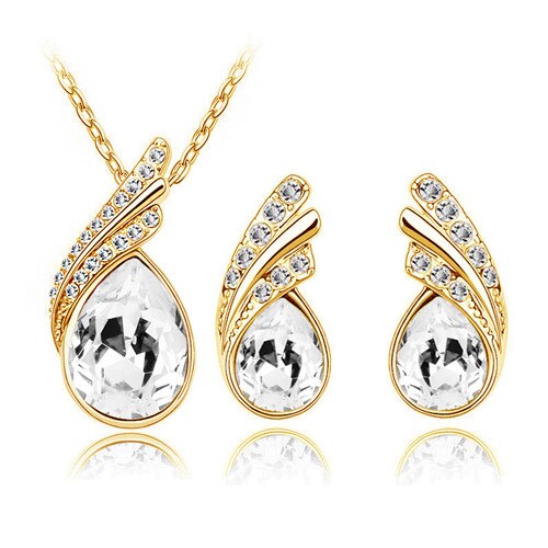 Wholesales bridal Jewelry set  Austrian Crystal fashion leaf tear feather Water drop pendant necklace earrings jewelry sets