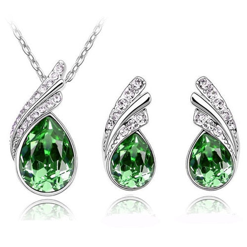 Wholesales bridal Jewelry set  Austrian Crystal fashion leaf tear feather Water drop pendant necklace earrings jewelry sets