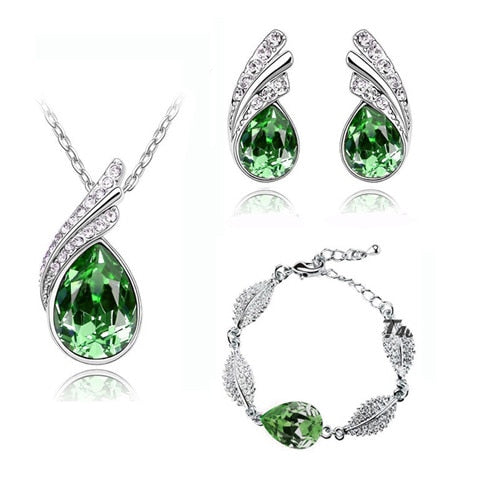 Wholesales bridal Jewelry set  Austrian Crystal fashion leaf tear feather Water drop pendant necklace earrings jewelry sets