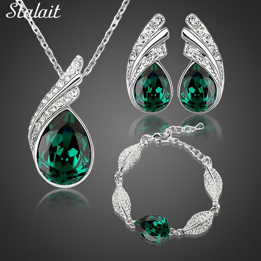 Wholesales bridal Jewelry set  Austrian Crystal fashion leaf tear feather Water drop pendant necklace earrings jewelry sets