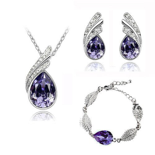 Wholesales bridal Jewelry set  Austrian Crystal fashion leaf tear feather Water drop pendant necklace earrings jewelry sets