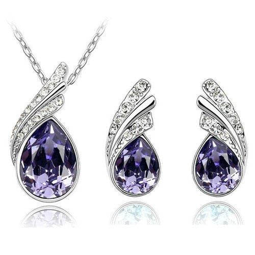 Wholesales bridal Jewelry set  Austrian Crystal fashion leaf tear feather Water drop pendant necklace earrings jewelry sets