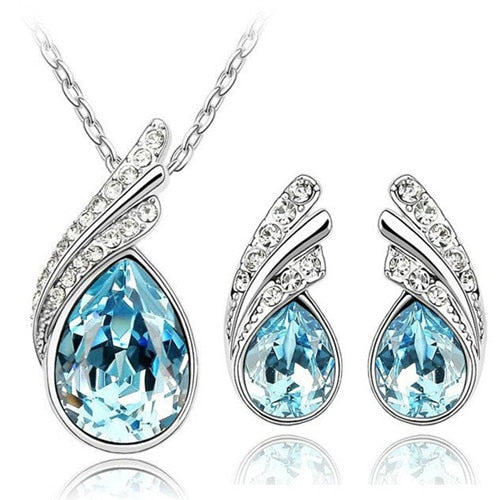 Wholesales bridal Jewelry set  Austrian Crystal fashion leaf tear feather Water drop pendant necklace earrings jewelry sets