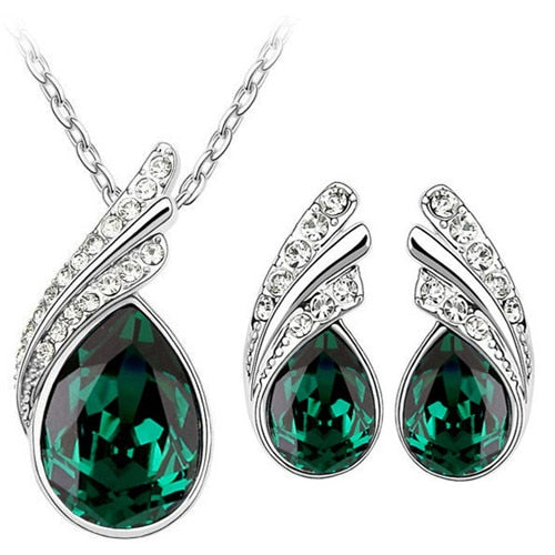 Wholesales bridal Jewelry set  Austrian Crystal fashion leaf tear feather Water drop pendant necklace earrings jewelry sets