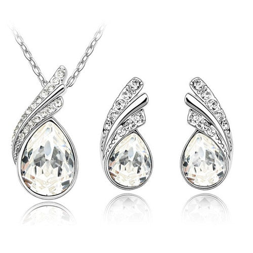 Wholesales bridal Jewelry set  Austrian Crystal fashion leaf tear feather Water drop pendant necklace earrings jewelry sets