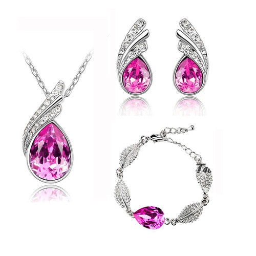 Wholesales bridal Jewelry set  Austrian Crystal fashion leaf tear feather Water drop pendant necklace earrings jewelry sets