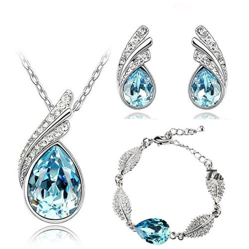 Wholesales bridal Jewelry set  Austrian Crystal fashion leaf tear feather Water drop pendant necklace earrings jewelry sets