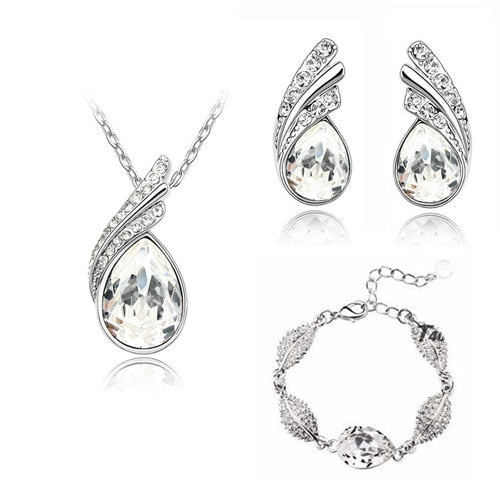 Wholesales bridal Jewelry set  Austrian Crystal fashion leaf tear feather Water drop pendant necklace earrings jewelry sets