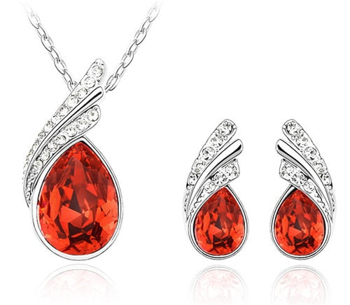 Wholesales bridal Jewelry set  Austrian Crystal fashion leaf tear feather Water drop pendant necklace earrings jewelry sets