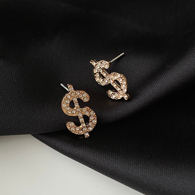 Creative Alloy Dollar Sign Design Stud Earrings for Women Girls Lady Party Gift Gold Rhinestone Jewelry