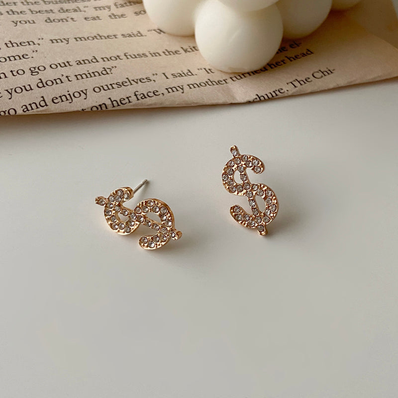 Creative Alloy Dollar Sign Design Stud Earrings for Women Girls Lady Party Gift Gold Rhinestone Jewelry