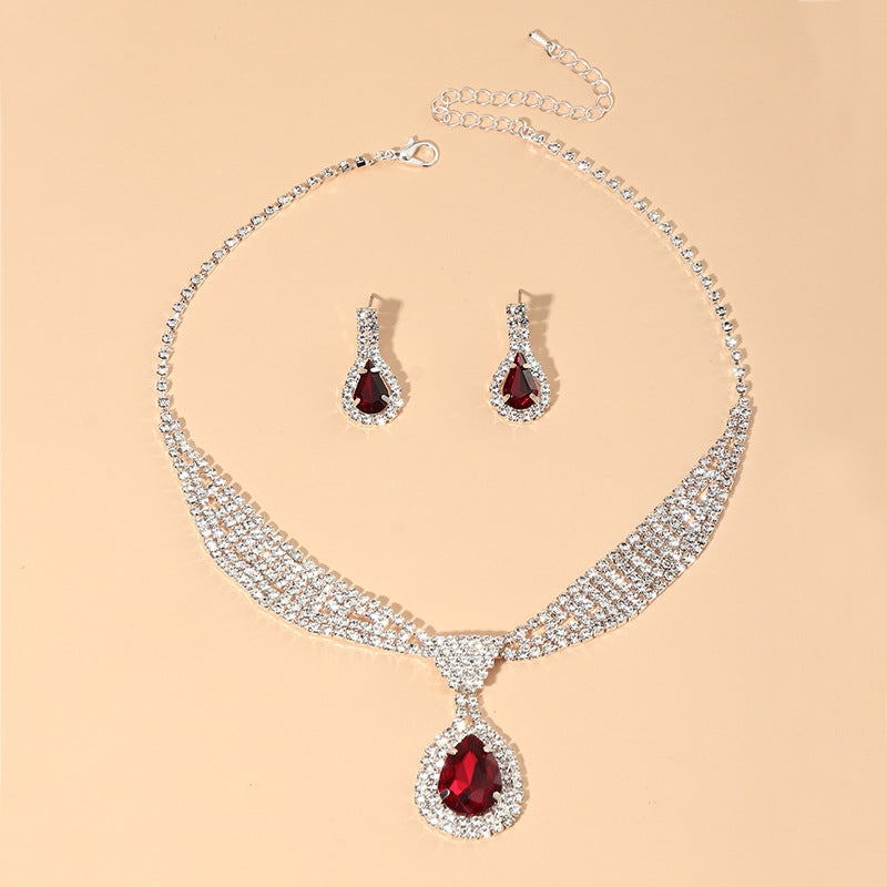 Temperament Full Diamond Gemstone Earring Necklace Two-piece Set