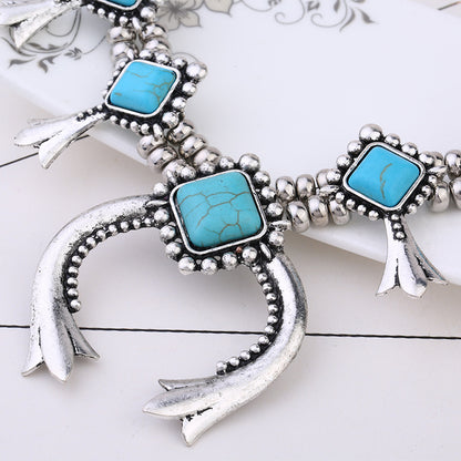 Horn Necklace Earrings Turquoise Alloy Set