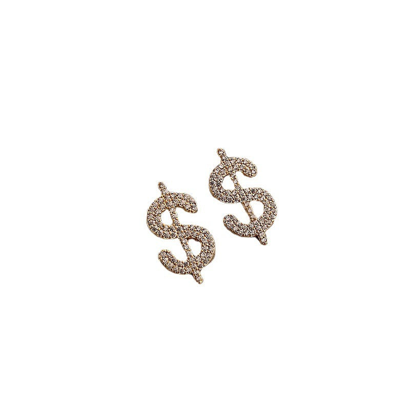 Creative Alloy Dollar Sign Design Stud Earrings for Women Girls Lady Party Gift Gold Rhinestone Jewelry