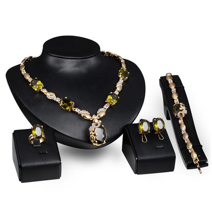 Exaggerated Gemstone Set Necklace Earrings Bracelet Alloy Four-piece Set