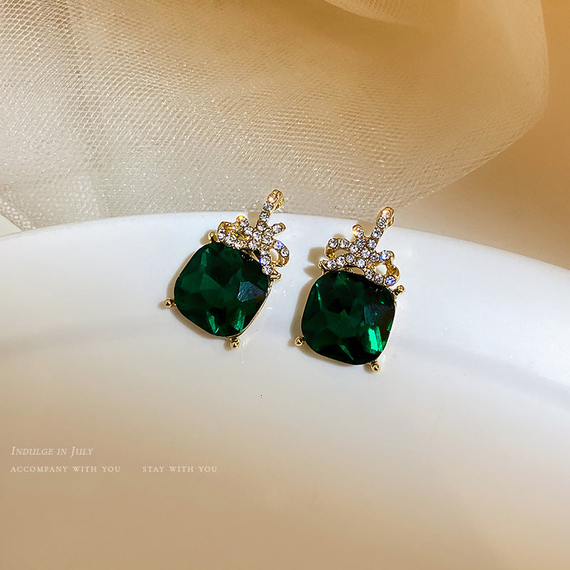 Silver Needle Zircon Emerald Crystal Geometric Earrings Necklace Set